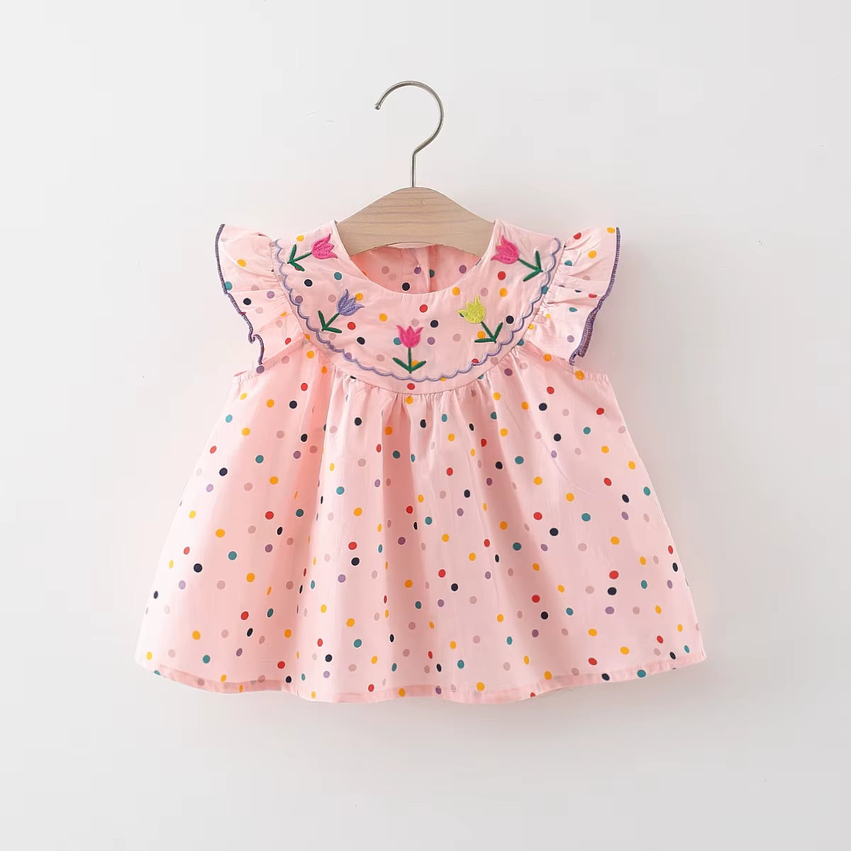 Blooming Beauty: Embroidered Cotton Baby Dress with Polka Dot Print