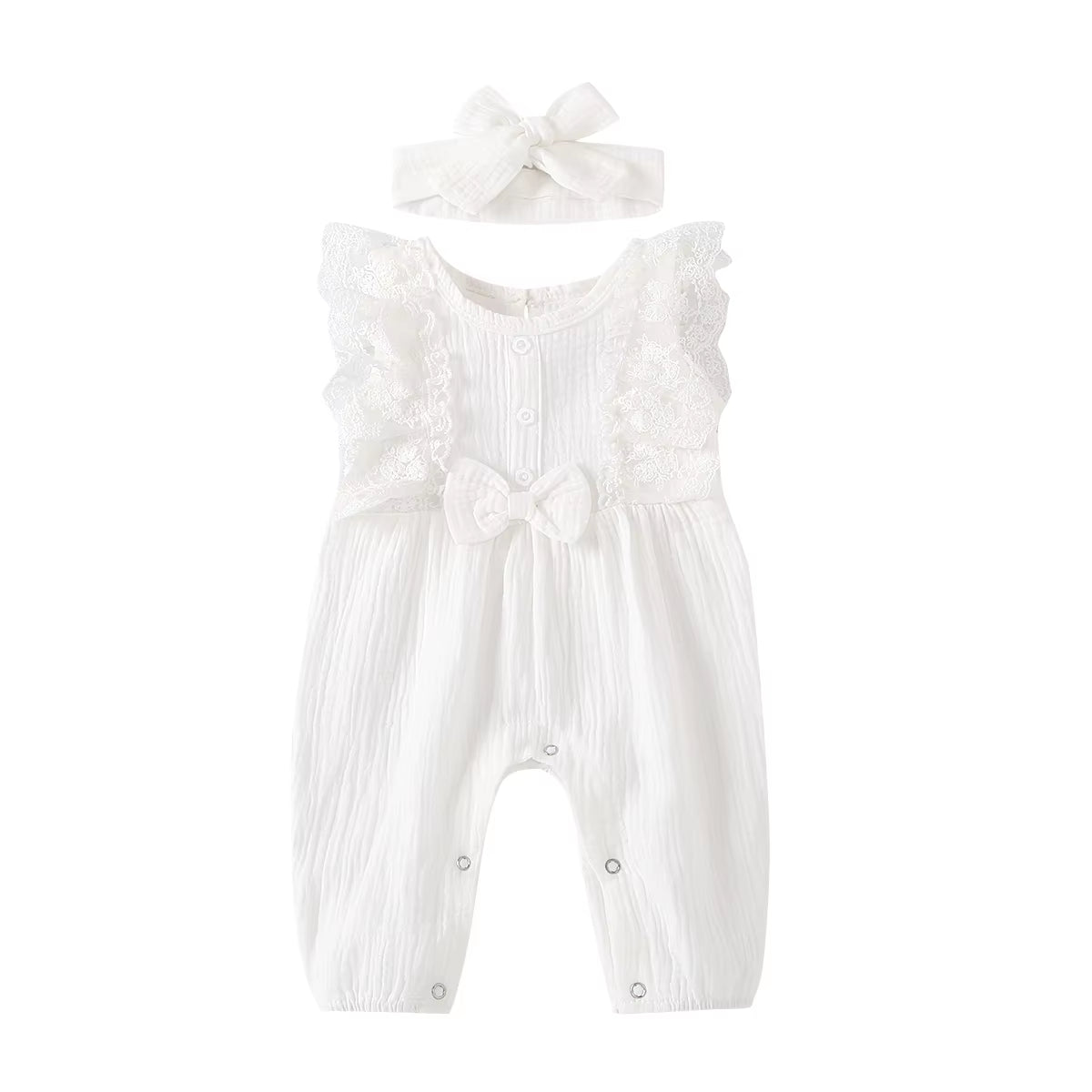 LunaLinen – Baby Girl Cotton Romper & Headdress Set